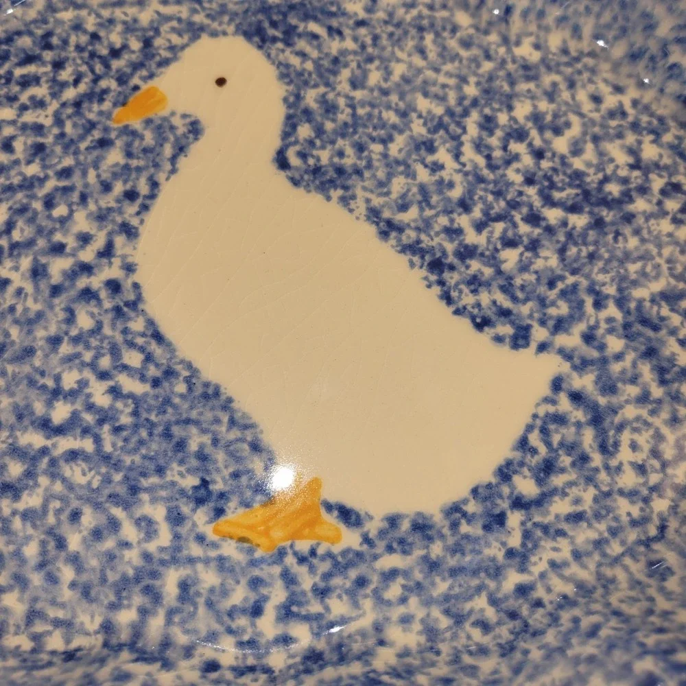 RARE‎ Gustin Co California Blue Spongeware Boat-shaped BOWL/CASSEROLE White Duck